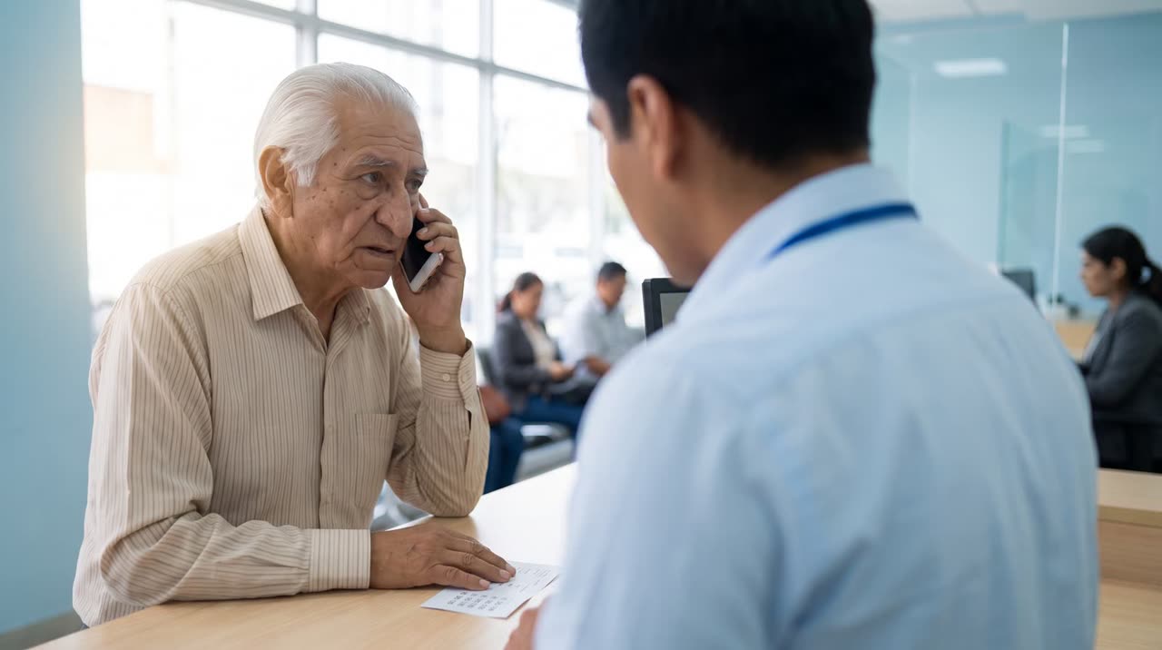 Asesor de ventanilla atendiendo a un cliente adulto mayor que habla por teléfono